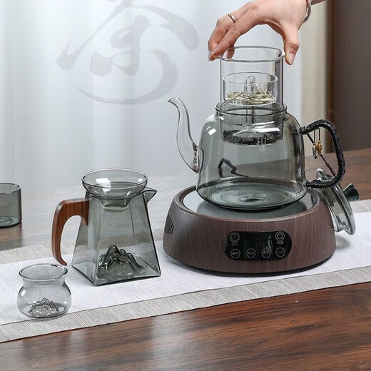 Glass teapot, integrated steaming and lifting beam tea set, tea brewing device, high temperature resistant boiling water for making tea, home tea set set, Pisces pot + male cup tea filter + 6 cup cup holder tea tray