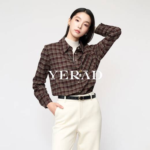 Yalida French retro brown plaid long-sleeved shirt for women 2025 autumn and winter new loose brushed shirt jacket red brown plaid color (F0) L
