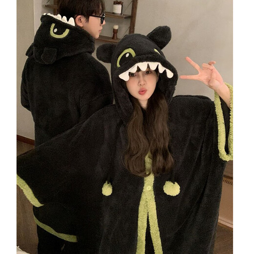 Toothless Nightgown Couple Pajamas for Women Autumn and Winter Coral Velvet Thickened Flannel Men's Black Home Clothes Winter Nightgown + Pants #66745 (Girls are the wide-sleeved version) 66319 XL Female (Weight 115-130