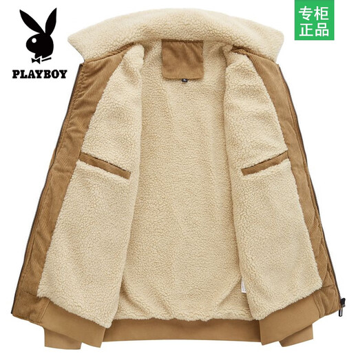 Playboy Lamb Velvet Plus Velvet Thickened 2026 Winter New Cotton Coat Men's Jacket Corduroy Big Pocket Jacket Men's Khaki XL Recommended 110-125Jin Jin is equal to 0.5 kg