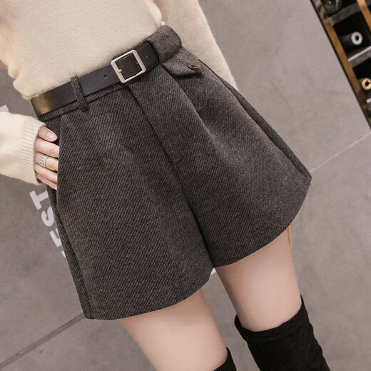 Zeyou woolen wide-leg shorts for women in autumn and winter new high-waisted thickened shorts for women to wear slim pants for women to look slim black (with belt) L recommended 104-114Jin Jin equals 0.5 kg