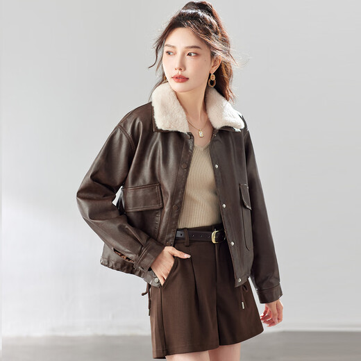 TERRE BLEUE Small velvet thickened leather jacket for women 2025 winter fashion high-end loose versatile jacket coffee color M