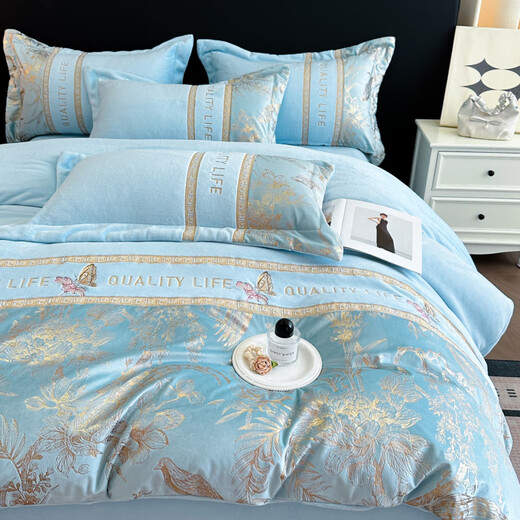 Nanjiren (Nanjiren) high-end milk velvet four-piece set double-sided velvet coral velvet embroidered duvet cover double winter thickened baby velvet duvet cover Dielianhua-Sky Blue Thick velvet non-shedding bed sheet 1.8m four-piece set-duvet cover 200x230cm