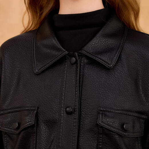 Shechi PU Jacket 2025 Autumn New Women's Fashion Loose Style Dropped Shoulder Sleeves Lapel Single-Breasted Cropped Top Black M