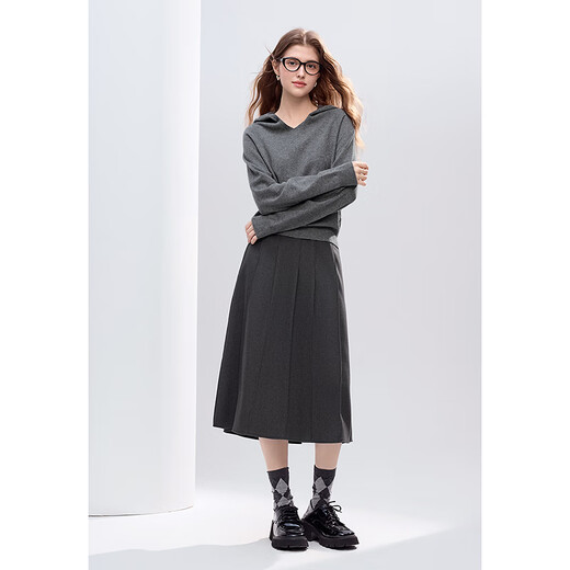 Betu Women's 2025 Winter New Style Mid-High Waist Striped Design Retro Umbrella Skirt Skirt Women 2510T73 Dark Gray L