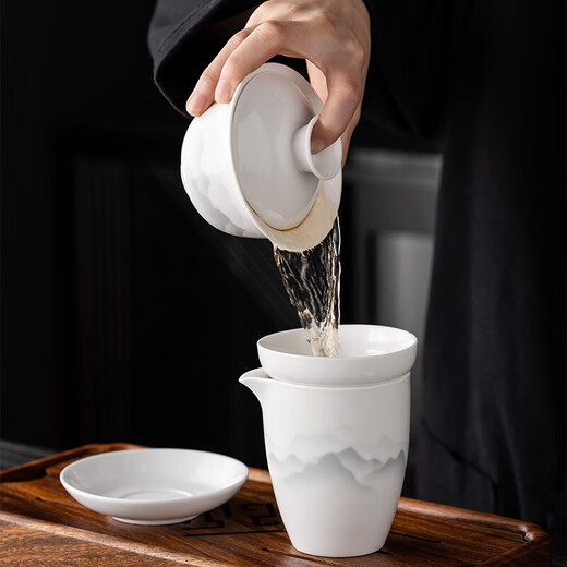 Suet-fat jade white porcelain Kung Fu tea set household infusion bowl teacup ceramic high-end complete set Mid-Autumn Festival gift box 10-head Xia Feng Yuanshan covered bowl six-cup Chinese gift orange box