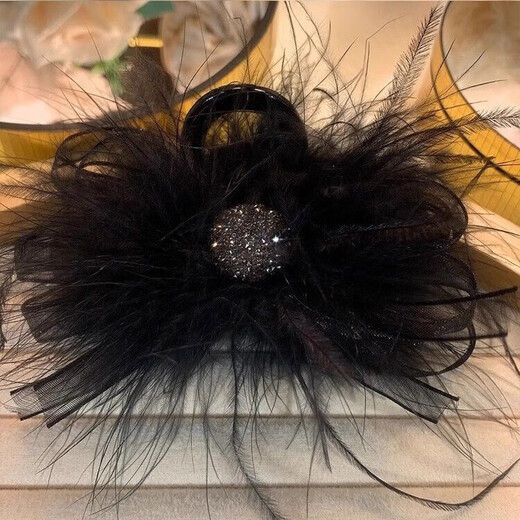 2023 New Bow Black Feather Clip for Women's Back of Head Autumn and Winter High-Quality Shark Hair Clip Black Gold Beads
