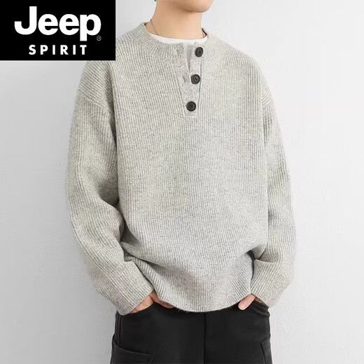 JEEP SPIRIT 2025 new sweater gray American retro Henry collar sweater men's winter lazy style knitted sweater cl light gray M