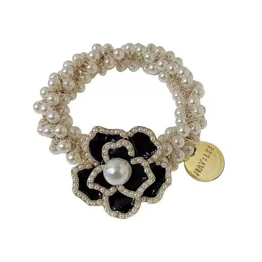French high-end camellia pearl hair tie, Korean high-end ponytail hair tie, heavy industry light luxury hair accessory, pearl camellia, black 1 piece
