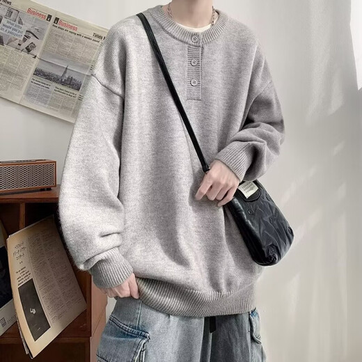 Autumn and winter American Henry collar sweater men's sweater American retro casual lazy style sweater men's solid color sweater dark gray 3XL
