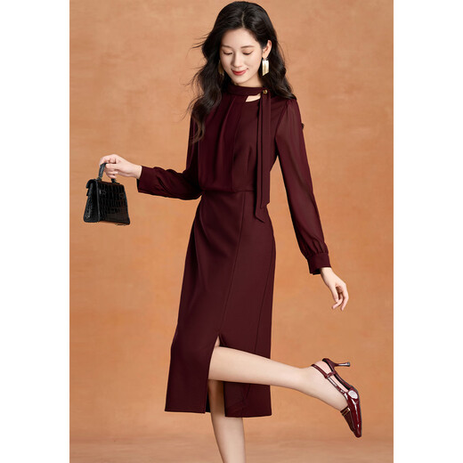 Kebel light luxury high-end dress women's 2025 new autumn and winter temperament waist slimming long-sleeved slit mid-length skirt L