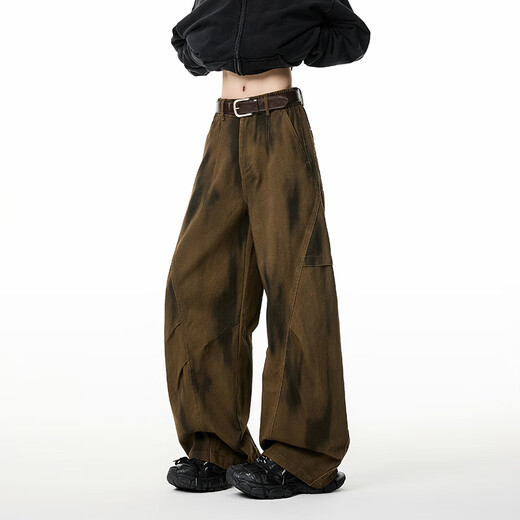 IZEXX American retro tie-dye scimitar pants men's autumn straight loose wide-leg casual overalls KY56 coffee color L