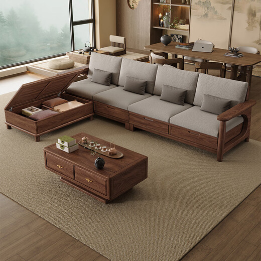 Small wooden nest sofa Song's aesthetic all solid wood sofa living room 2025 new small apartment sofa combination black walnut straight three-seat combination