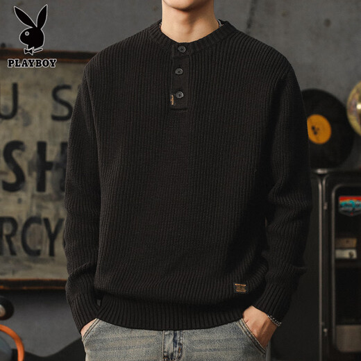 Playboy (PLAYBOY) American retro knitted sweater for men in autumn and winter thickened warm henley sweater lazy style vertical pullover bottoming shirt black S 90-110Jin Jin equals 0.5 kg