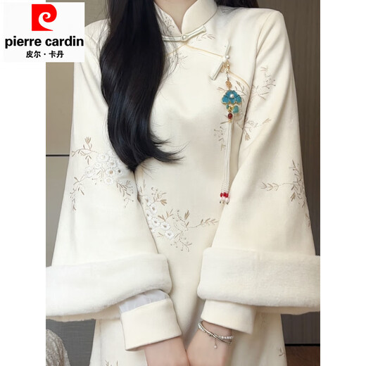 Pierre Cardin (Pierre Cardin) new Chinese style 2025 winter new off-white embroidered plus velvet thickened warm cheongsam inverted large sleeve retro style long skirt beige plus velvet A thickened XL