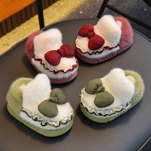 Winter children's cotton slippers for girls and princesses, non-slip EVA warm plus fluffy bow, small and medium-sized children's cotton slippers, upgraded version of environmentally friendly material pink (heel included) 12 28/29 size (inner length 17CM, no rear elastic band