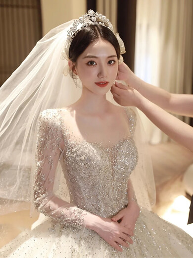 Rindu wedding dress bridal main yarn 2025 high-end winter long-sleeved heavy industry wedding dress 2025 new high-end French main yarn white white floor-length style comes with gloves + veil + skirt support S Weight 90Jin Jin is equal to about 0.5 kg