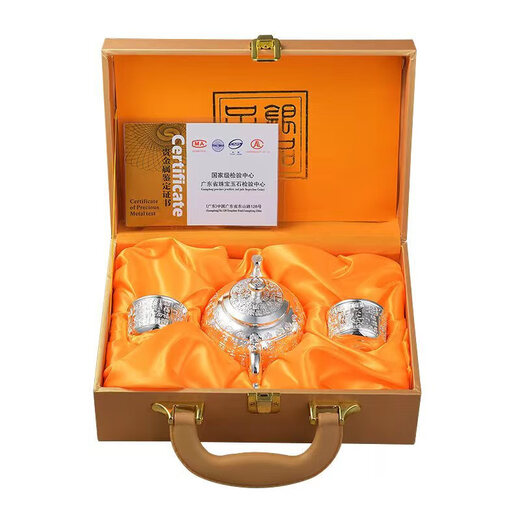 Fat Donglai same style pure silver tea set Baifu silver pot home 999 silver tea cup creative sterling silver gift kettle set (bright silver) brown high-end leather box 5 pieces