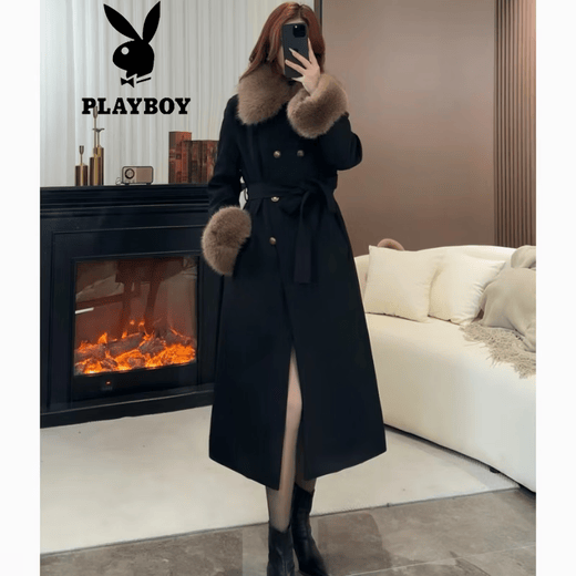 Playboy (PLAYBOY) off-season deal with rich woman daughter down coat women's big fur collar long coat down jacket slimming temperament black with fur collar official flagship version with shipping insurance S 80-105