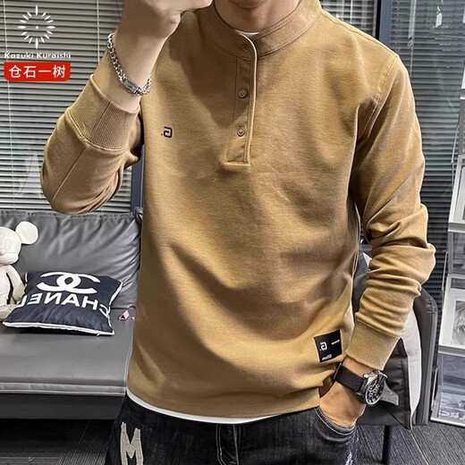 KAZUKI KURAISHI Kazuki Kuraishi trendy brand solid color Henley round neck sweatshirt men's spring and autumn new fashion casual long-sleeved clothes black 3XL 162-175Jin Jin is equal to 0.5 kg