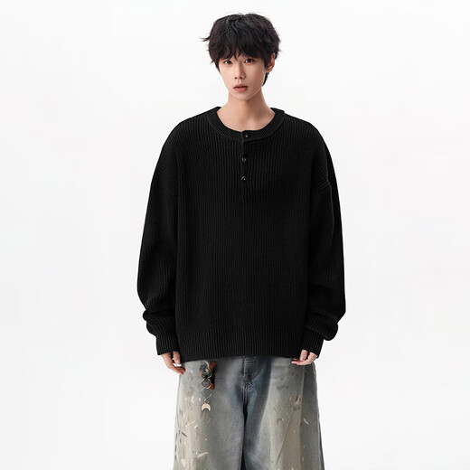 OEMG old money style Henry collar sweater men's autumn and winter trendy American retro sweater tops lazy jacket Khaki XL recommended 110-130Jin Jin equals 0.5 kg