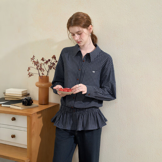 Westlink Westlink Retro Blue Plaid Shirt Women's Autumn New Waist Ruffle Design Shirt Jacket Blue S