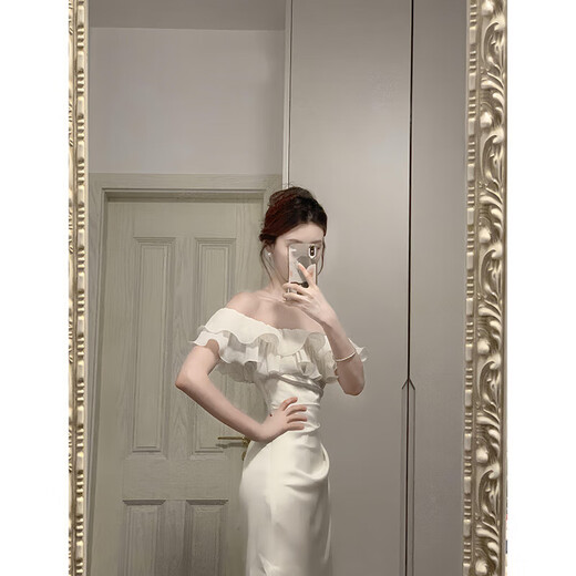 Vnxifm French one-shoulder dress, women's sexy engagement dress, certificate wear, ruffled satin hip-hugging long skirt, off-white L