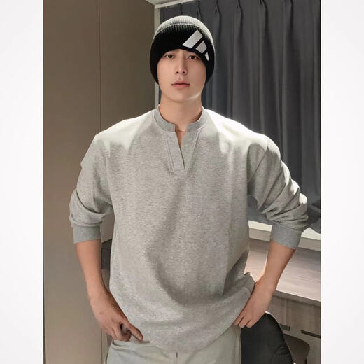 Muwei high-end black bottoming sweatshirt men's autumn new casual versatile heavyweight Henry V-neck top jacket black L recommended 110-125Jin Jin equals 0.5 kg