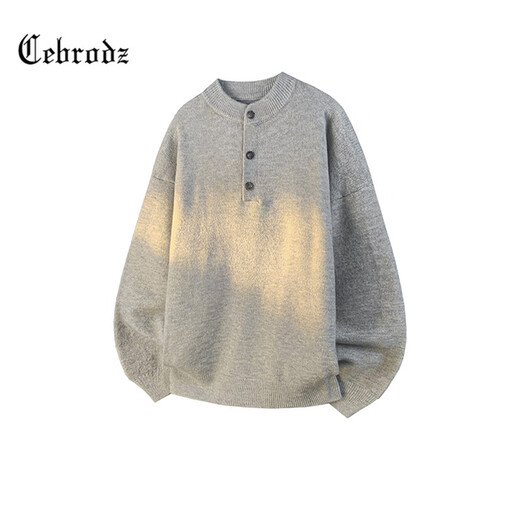 Cebrodz French sweater men's autumn and winter new American sweater Henry collar loose coat versatile casual tops light gray L
