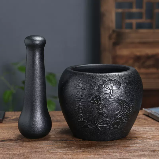 Yusenyi household black gold stone mortar garlic pounder pepper grinder garlic mortar stone pounder stone ladle mortar stone cup pound medicine jar Lianlian Youyu outer diameter 16CM water drop shape internal design 16ml