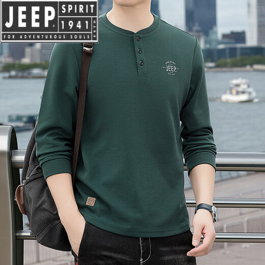 JEEP SPIRIT cotton long-sleeved T-shirt men's spring and autumn versatile casual loose large size T-shirt Henry collar sports sweatshirt trendy black XL (recommended 145-165Jin Jin equals 0.5 kg)