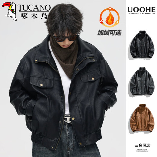Woodpecker (TUCANO) retro motorcycle soft leather jacket men's American-style simulated leather handsome short autumn and spring high-end bomber jacket black 2XL suitable for 160-180Jin Jin equals 0.5 kg
