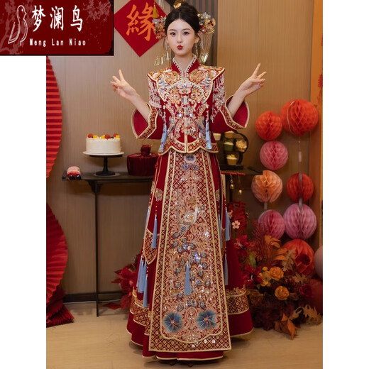 梦澜鸟凤冠霞帔嫁衣全套秀禾服婚服大码胖MM新娘结婚感中式婚纱龙凤褂女 兰庭 S