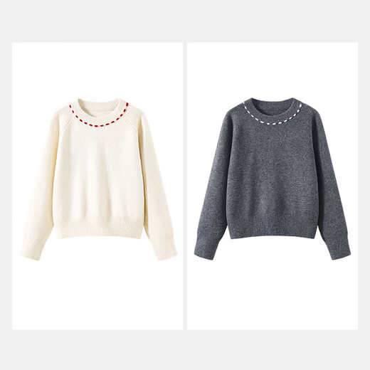 Jeanswest Sweater Women's Knitwear Women's Autumn and Winter New Pullover Round Neck Long Sleeve Contrast Color Design Feeling Wear Inside and Out GX Apricot #Solid Color Soft and Skin Friendly S