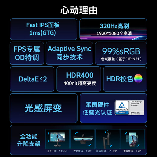 Skyworth Monitor para juegos de 24,5 pulgadas y 320 Hz HDR400 FastIPS Hardware de 1 ms luz azul baja nativo 300 Hz cambio de pantalla sensible a la luz elevación giratoria F25G37F Pro