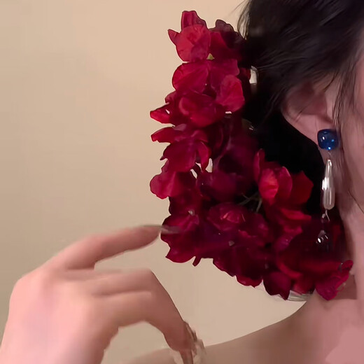 Mengdong Super Fairy Atmosphere Rose Flower Hairpin Women's Hanfu Accessories Red Hairpin Flower Headband Hair Accessories 2025 New Red Flower Hairpin * 1 Overall Approximately 12*8cm