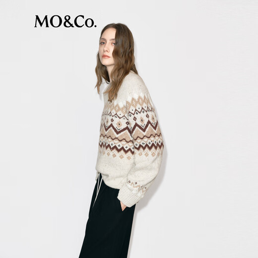 MO&Co. Fair Isle Sweater 2025 Winter New Product Contains Wool Alpaca Round Neck Loose Shoulder Wandering Style MBE4SWTT12 Light Floral Camel S /160