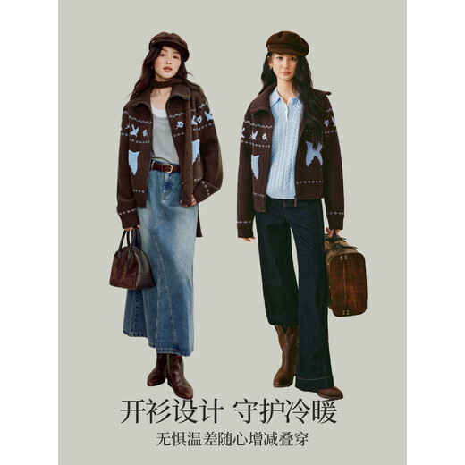 
Inman Jacquard Lapel Sweater 2025 Autumn Women's New Loose Warm Knitted Cardigan Jacket Coffee M