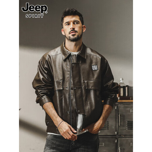 JEEP SPIRIT Jeep high-end jacket men's PU leather jacket men's spring American heavy loose retro casual leather jacket men's P04 brown jacket XL size suitable for 140-160Jin Jin equals 0.5 kg