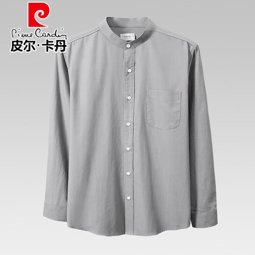 Pierre Cardin pure cotton long-sleeved shirt men's spring and autumn business stand collar new simple white inch shirt Henry collar youth solid color formal wear light gray L