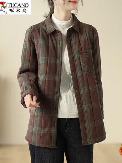 Woodpecker quilted plaid shirt and cotton coat for women in autumn and winter, loose thickened and warm single-breasted lightweight down coat, picture M recommended 90-115Jin Jin equals 0.5 kg