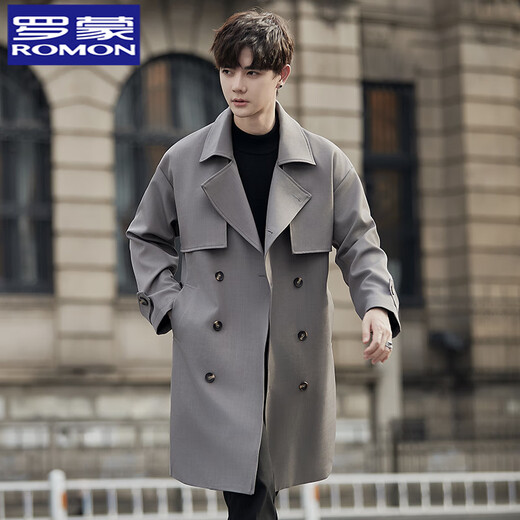 ROMON thin windbreaker jacket for men in spring and autumn mid-length suit collar silhouette coat double-breasted British style trendy top black XL