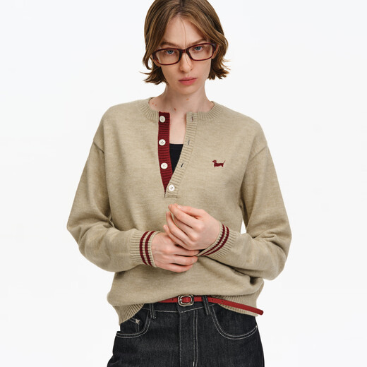 PCLP intermediate color Henry collar sweater spring and autumn loose American retro trendy couple lapel sweater apricot L