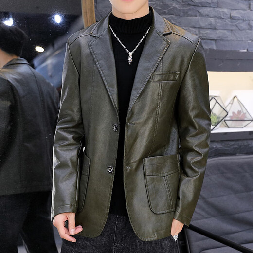 MGOLCPS men's leather jacket autumn and winter velvet thick Korean version trendy handsome suit leather jacket leather jacket motorcycle suit men's black ZW8937 non-velvet M