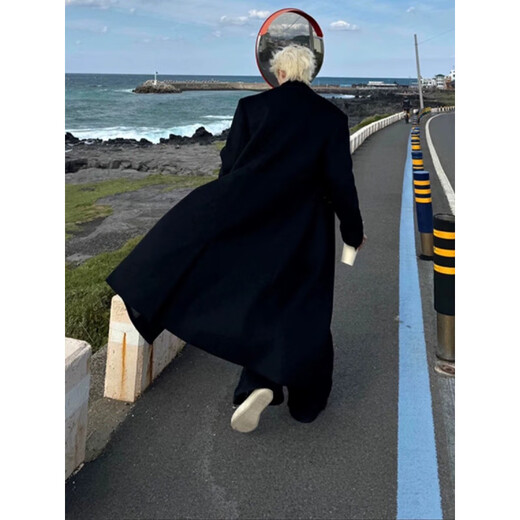 Ivansby's new autumn and winter woolen suit collar double-breasted warm coat lazy style thickened coat drape men's knee-high windbreaker black cotton 2XL