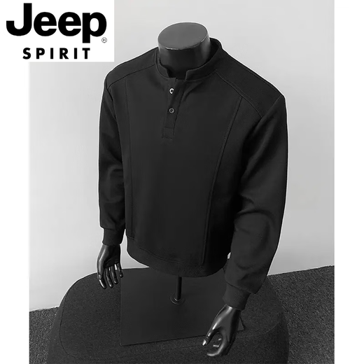 JEEP SPIRIT gray henley collar long-sleeved polo shirt men's American deconstructed splicing right shoulder T-shirt boxy version inner sweatshirt light gray long-sleeved L