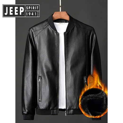 JEEP SPIRIT Jeep Brand Men's Haining Velvet Leather Jacket Men's Large Size Men's Jacket Imitation Sheep Leather Jacket Cycling Motorcycle 817 Black XL