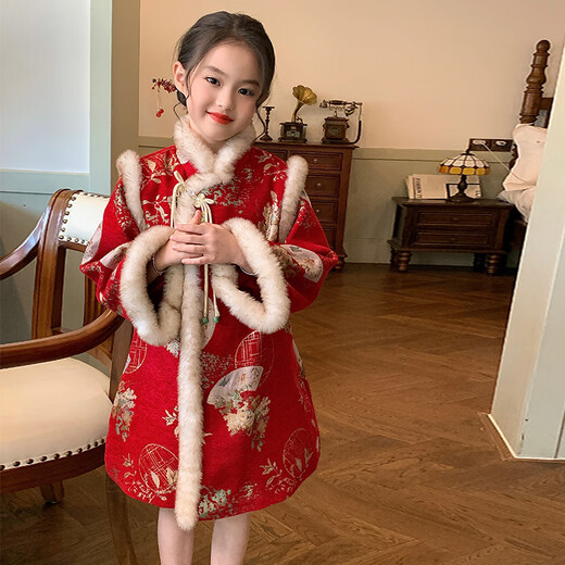 Gardenia's Growth Notes Gardenia's Growth Notes Children's Clothes Girls Chinese Style Red Velvet New Year's Dress Children's New Year Clothes New Year's Eve Clothes Red Velvet 150