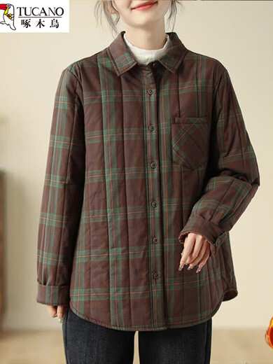 Woodpecker quilted plaid shirt and cotton coat for women in autumn and winter, loose thickened and warm single-breasted lightweight down coat, picture M recommended 90-115Jin Jin equals 0.5 kg