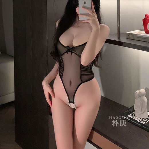 Sexy sexy underwear, open-fit, no-take-off pearl thong, 2025 new temptation underwear, flirting passion shirt for women, black bead chain open crotch one-piece black fishnet stockings